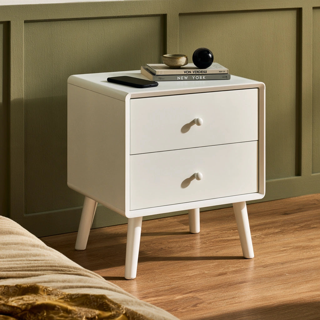 Comodino in legno, colore marrone chiaro e bianco