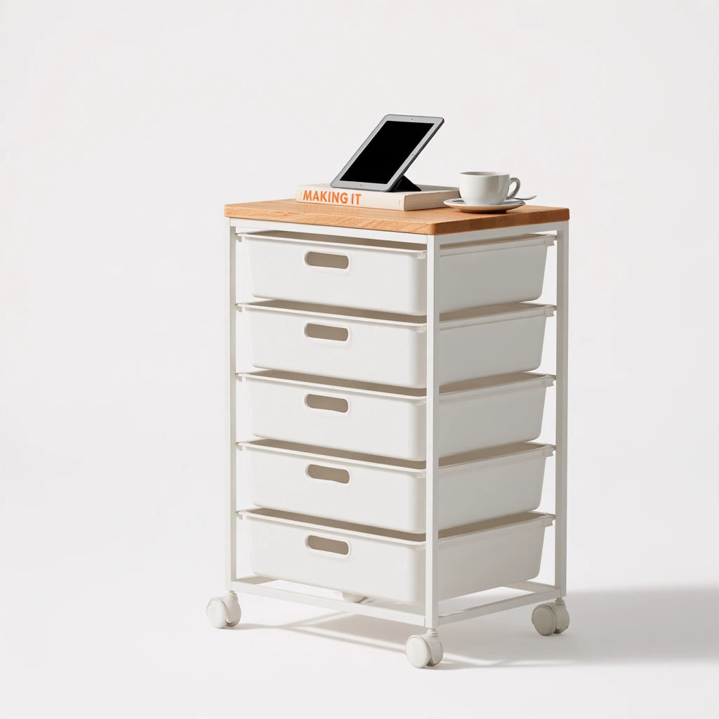 Carrello portaoggetti dalle linee essenziali su ruote, colore grigio
