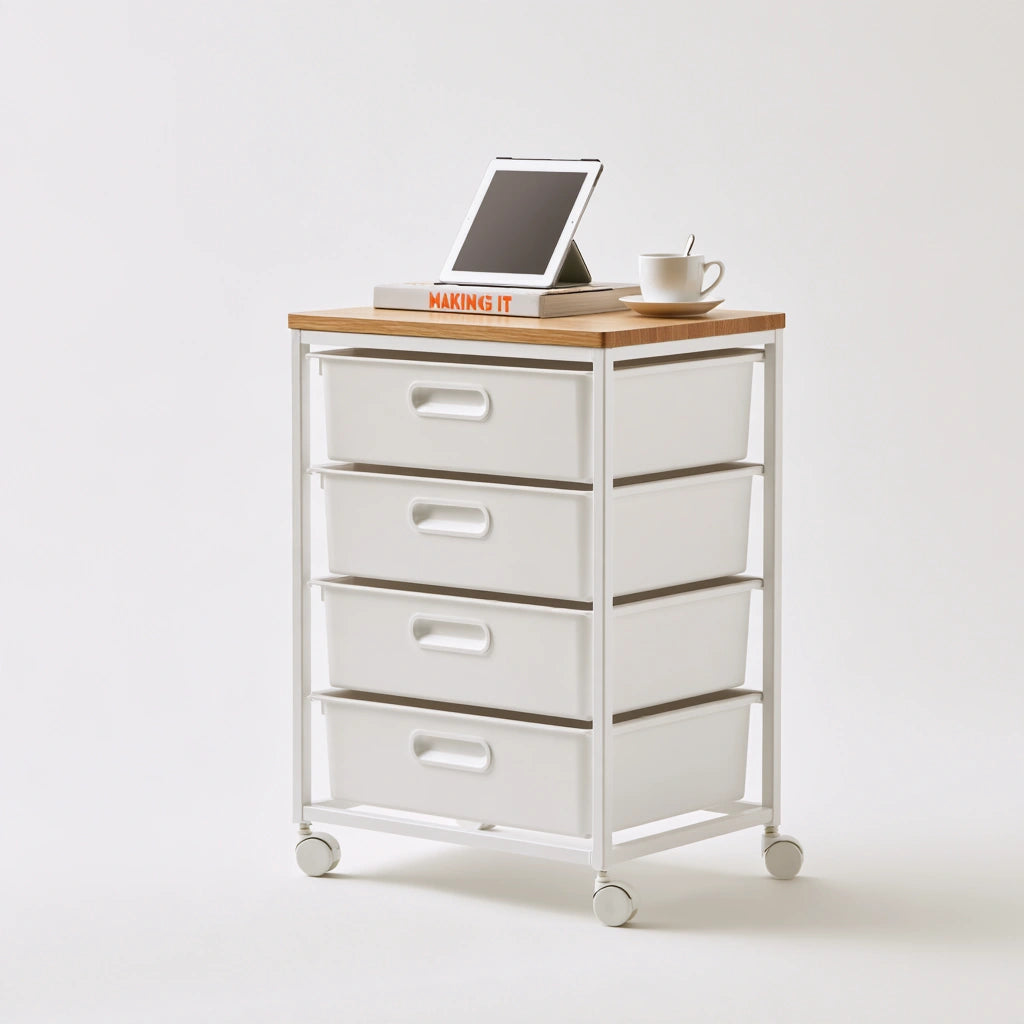 Carrello portaoggetti dalle linee essenziali su ruote, colore grigio