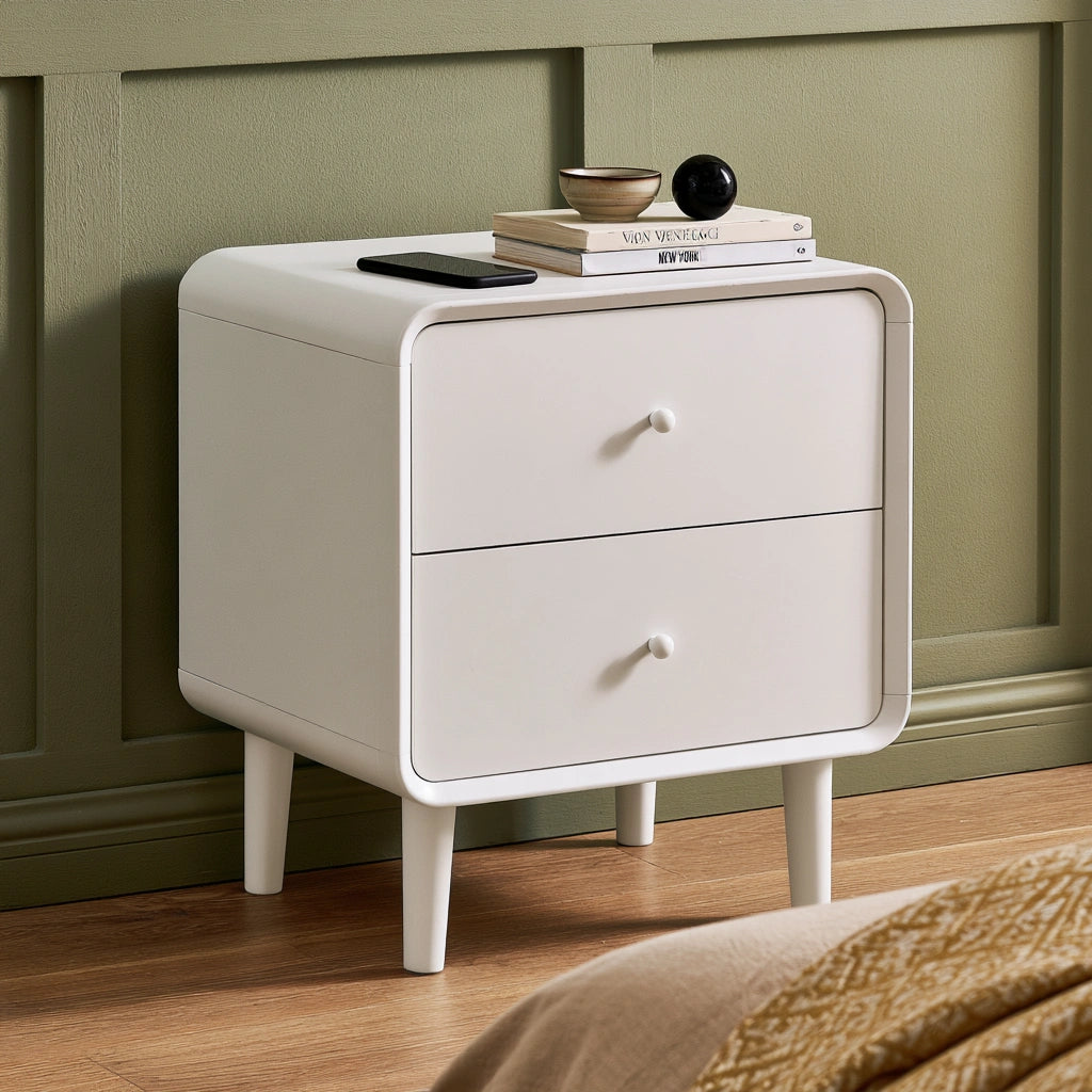 Comodino in legno, colore marrone chiaro e bianco